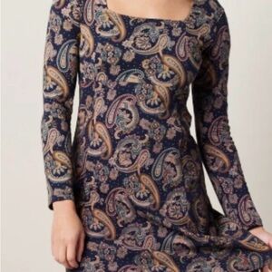 Chic Paisley Long Sleeve Dress in Blue and Cream